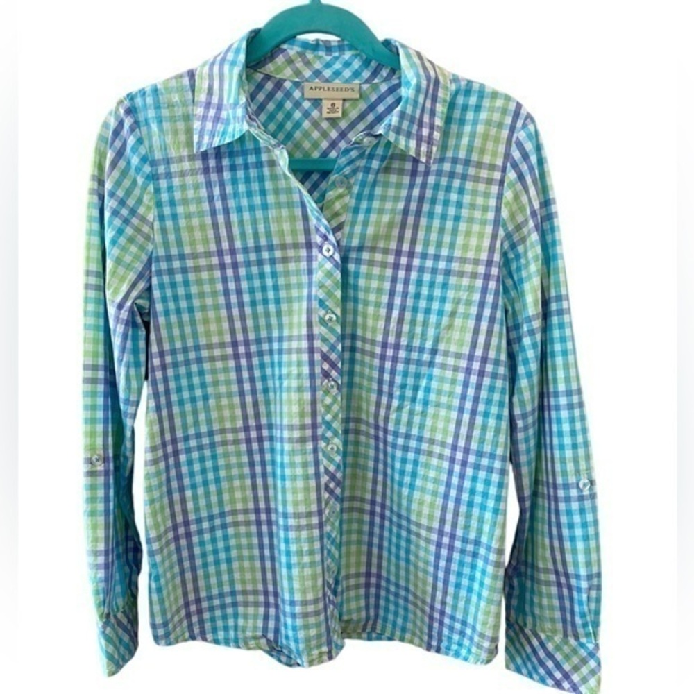 Appleseeds women’s Long Sleeve summer pastel Plaid button down blouse/shacket 6
